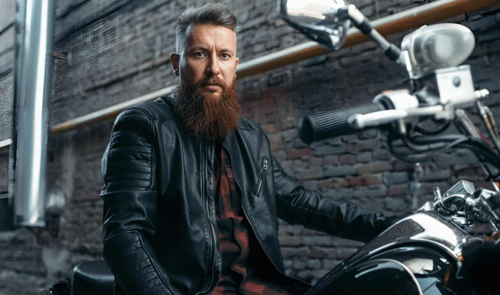 Man in a sleek black leather jacket sitting confidently on a motorcycle, with a rustic brick wall backdrop